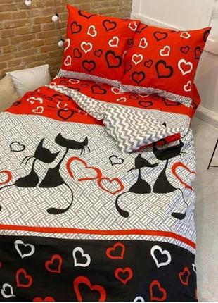 Постільна білизна з котиками і сердечками, чорно-червоно-біле1 фото