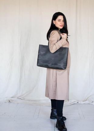 Жіноча сумка шоппер сірого кольору ручної роботи з натуральної шкіри з вінтажним ефектом5 фото