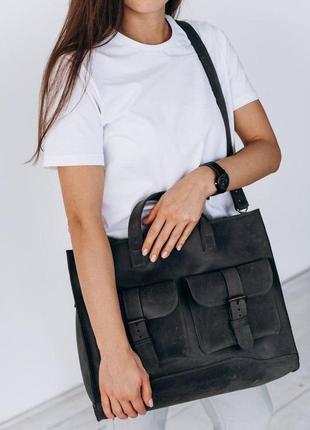 Женская сумка большого размера темно-серого цвета из натуральной кожи с плечевым ремнем5 фото