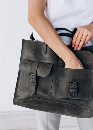 Женская сумка большого размера темно-серого цвета из натуральной кожи с плечевым ремнем4 фото