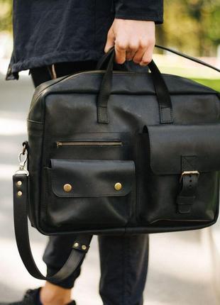 Мужская деловая кожаная сумка черного цвета, функциональная мужская сумка из натуральной кожи1 фото