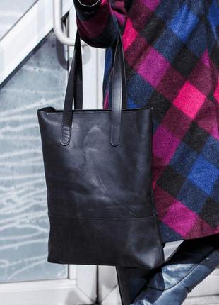 Класична жіноча сумка шоппер  з натуральної шкіри чорного кольору1 фото