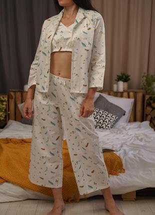 Женская пижама "невесомость" с топом, рубашкой и кюлотами на подарок девушке/жене/подруге1 фото