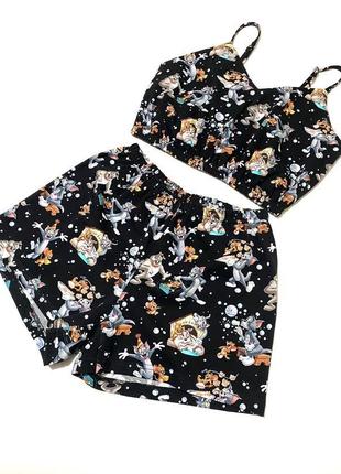 Молодіжна трикотажна піжама для дому та сну з топом та шортами "том & джеррі"