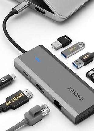 Док-станция, хаб, концентратор  idsonix 8 в 1 с usb3.0, sd/tf ethernet hdmi 4k, 60 гц, pd 100 вт