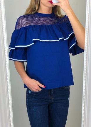 Belle sky блузка футболка в сетку синяя с рюшами2 фото