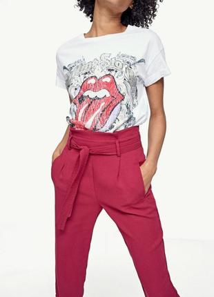 Штани stradivarius з високою талією бордовий білий розміри 38 40