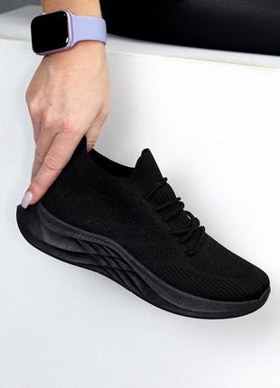 Черные женские спортивные кроссовки тканые текстильные
