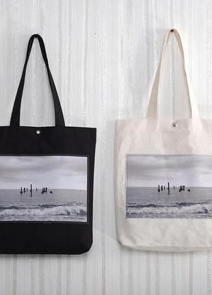 Эко-сумка с фото принтом море, арт шоппер с карманом, эко-торба, сумка для покупок, авоська3 фото