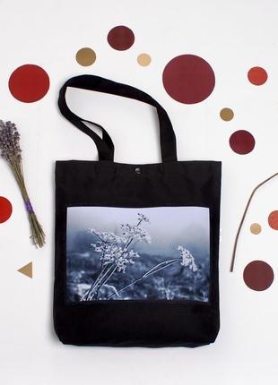 Черная эко сумка с принтом, арт шоппер с карманом, фото иней, сумка для покупок