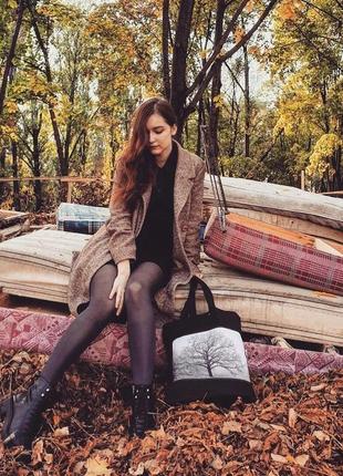 Еко-сумка з фото принтом дерево, чорний шопер з кишенею, еко-торба, сумка для покупок, арт авоська3 фото