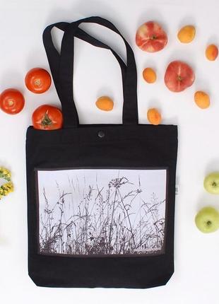 Еко-сумка з фото принтом трави, чорний шопер з кишенею, еко-торба, сумка для покупок, арт авоська