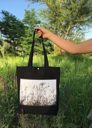 Еко-сумка з фото принтом трави, чорний шопер з кишенею, еко-торба, сумка для покупок, арт авоська2 фото