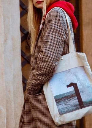 Арт шоппер с фото принтом ланжерон 2, белая эко-сумка с карманом, сумка для покупок, сумка, авоська