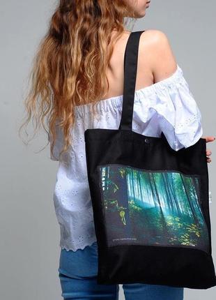 Еко-сумка з фото принтом весняний ліс, чорний шопер з кишенею, торба, сумка для покупок, арт авоська