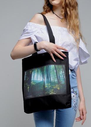 Еко-сумка з фото принтом весняний ліс, чорний шопер з кишенею, торба, сумка для покупок, арт авоська2 фото