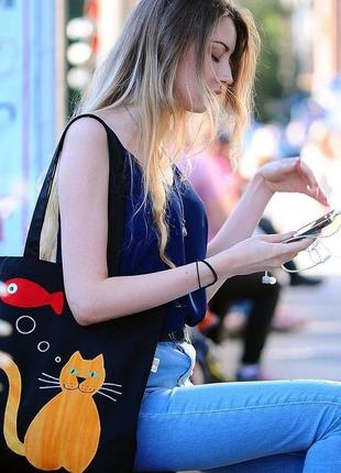 Черный шоппер котик, эко-сумка с аппликацией, сумка для покупок, женская сумка, торба, арт авоська2 фото