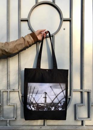 Чорний арт шопер з фото принтом львів, еко сумка з кишенею, сумка для покупок, бавовняна торба2 фото