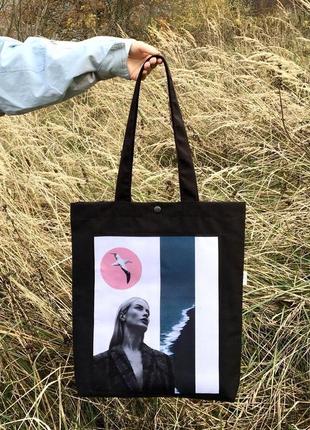 Чорний арт шопер з принтом колаж 3, модна еко сумка з кишенею, сумка для покупок, фото авоська1 фото