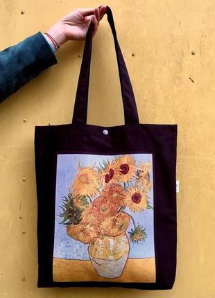 Арт шопер ван гог соняшники, чорна еко сумка з принтом, мистецтво, сумка для покупок, арт торба1 фото