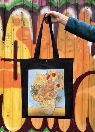 Арт шоппер ван гог подсолнухи, черная эко сумка с принтом, искусство, сумка для покупок, арт торба2 фото