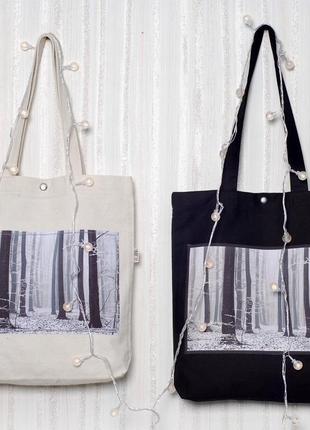 Чорна сумка-шопер з фото принтом ліс зима, еко сумка з кишенею, сумка для покупок, арт торба
