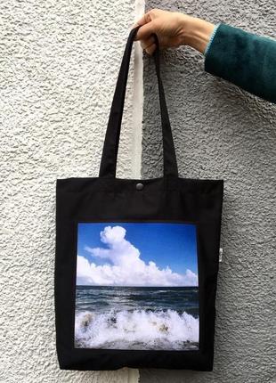 Чорний шопер з фото принтом море, еко-сумка з кишенею, сумка для покупок, арт авоська, торба