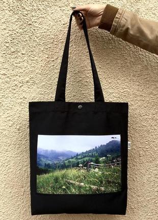 Еко-сумка з принтом гори карпати 2, чорний шопер з кишенею, торба, сумка для покупок, арт авоська