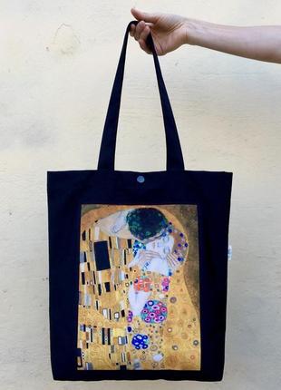 Арт шопер поцілунок клімт, чорна еко сумка з принтом, мистецтво, сумка для покупок з кишенею, торба1 фото