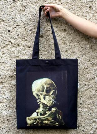 Арт шопер ван гог череп, чорна еко сумка з принтом, мистецтво, сумка для покупок з кишенею, торба1 фото