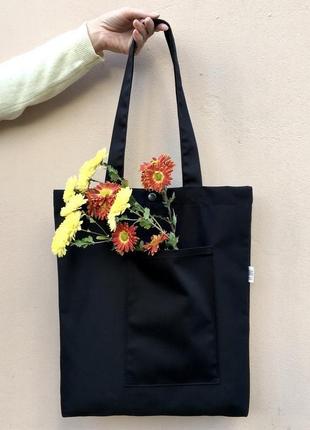 Чорний шопер з кишенею, цупка еко сумка, повсякденна сумка для покупок, торба