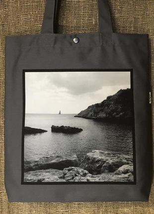Сірий арт шопер з фото принтом море греція, эко сумка з кишенею, сумка для покупок, арт торба3 фото