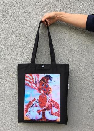 Арт шопер з українським принтом, чорна еко сумка з кишенею, українське мистецтво, сумка для покупок2 фото