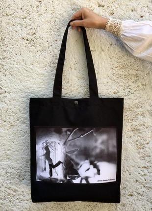 Чорний арт шопер з фото принтом, мистецтво, еко сумка з кишенею, торба для покупок
