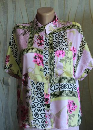 Широкая летняя сатиновая атласная рубашка гавайка оверсайз в платковом принте от river island1 фото