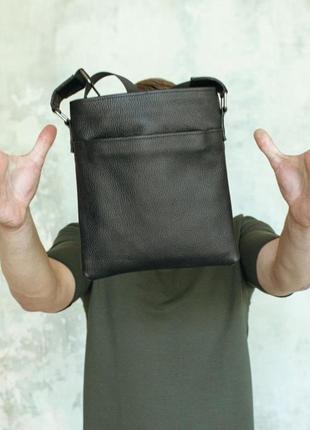 Мужская сумка через плечо с натуральной кожи, кожаная черная flash up, три отделения, удобная.9 фото