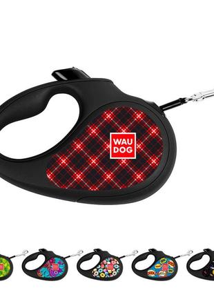 Повідець-рулетка для собак waudog r-leash, малюнок "шотландка", xs, до 12 кг, 3 м, світловідбивна стрічка чорний