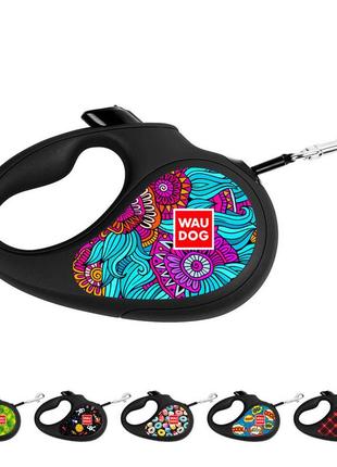 Повідець-рулетка для собак waudog r-leash, малюнок "літо", xs, до 12 кг, 3 м, світловідбивна стрічка чорний