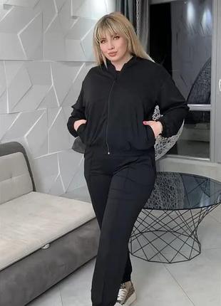 Костюм тройка бомбер + футболка + джоггеры спортивный женский кофта на молнии штаны на резинке черный оливковый лиловый батал двухнитака