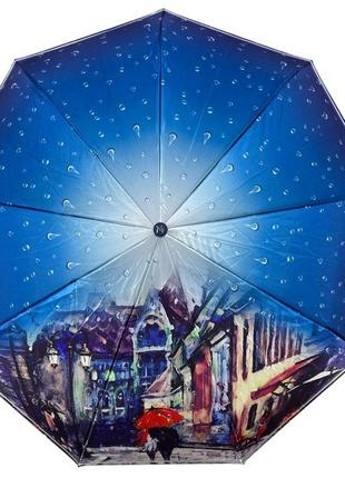Женский зонт полуавтомат на 9 спиц от frei regen с принтом города, сатиновый купол, темно-синяя ручка, топ