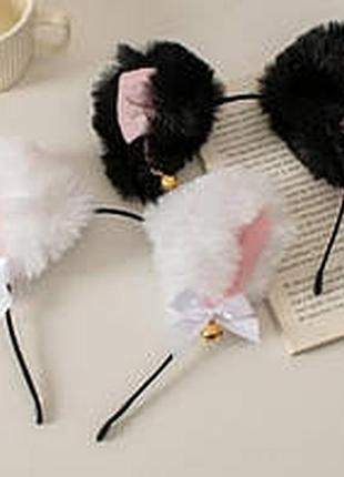 Набор 2 шт кошачьи ушки неко с колокольчиком черные и белые код 217