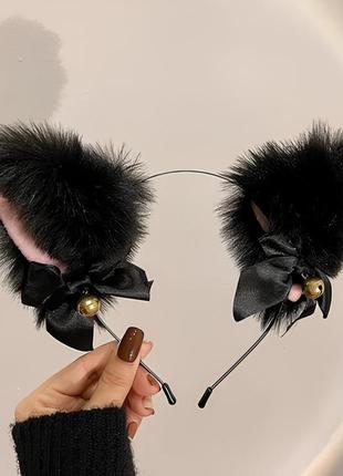Набор 2 шт кошачьи ушки неко с колокольчиком черные и белые код 217