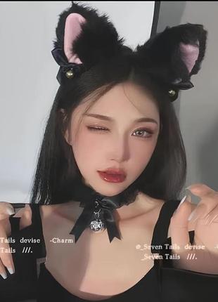 Набор 2 шт кошачьи ушки неко с колокольчиком черные и белые код 217