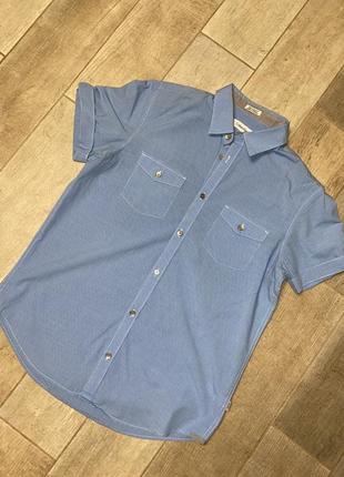Голубая рубашка ,рубашка в клетку,короткий рукав(013)