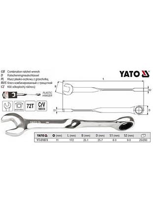 Ключ рожково-накидной крученый 90° трещотка м=11х172 yato польща yt-01873