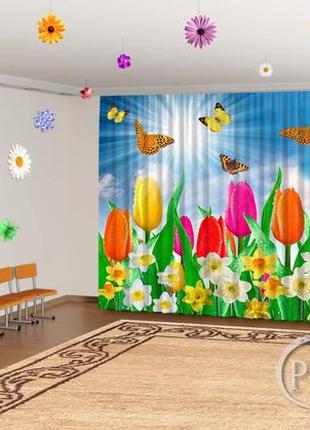Весенние фото шторы в детский сад "тюльпаны и нарциссы" - любой размер