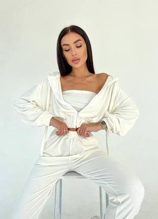 Жіночий спортивний костюм 💕білий костюм велюр плюш 💕 велюровий костюм трійка 💕 кофта з капюшоном та спортивні джогери 💕