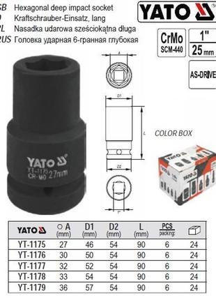 Головка торцевая ударная длинная 1" м=36 l=90 мм yato польша yt-1179