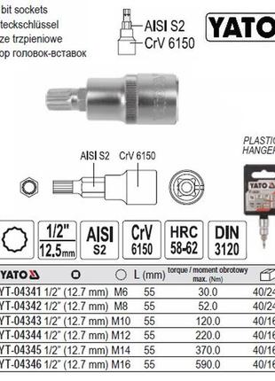 Головка торцевая вставка spline 1/2" m8х55 мм польша yato yt-04342