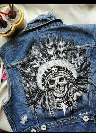 Шикарная роспись красками джинсовая куртка джинсовка рисунок не принт череп индеец1 фото